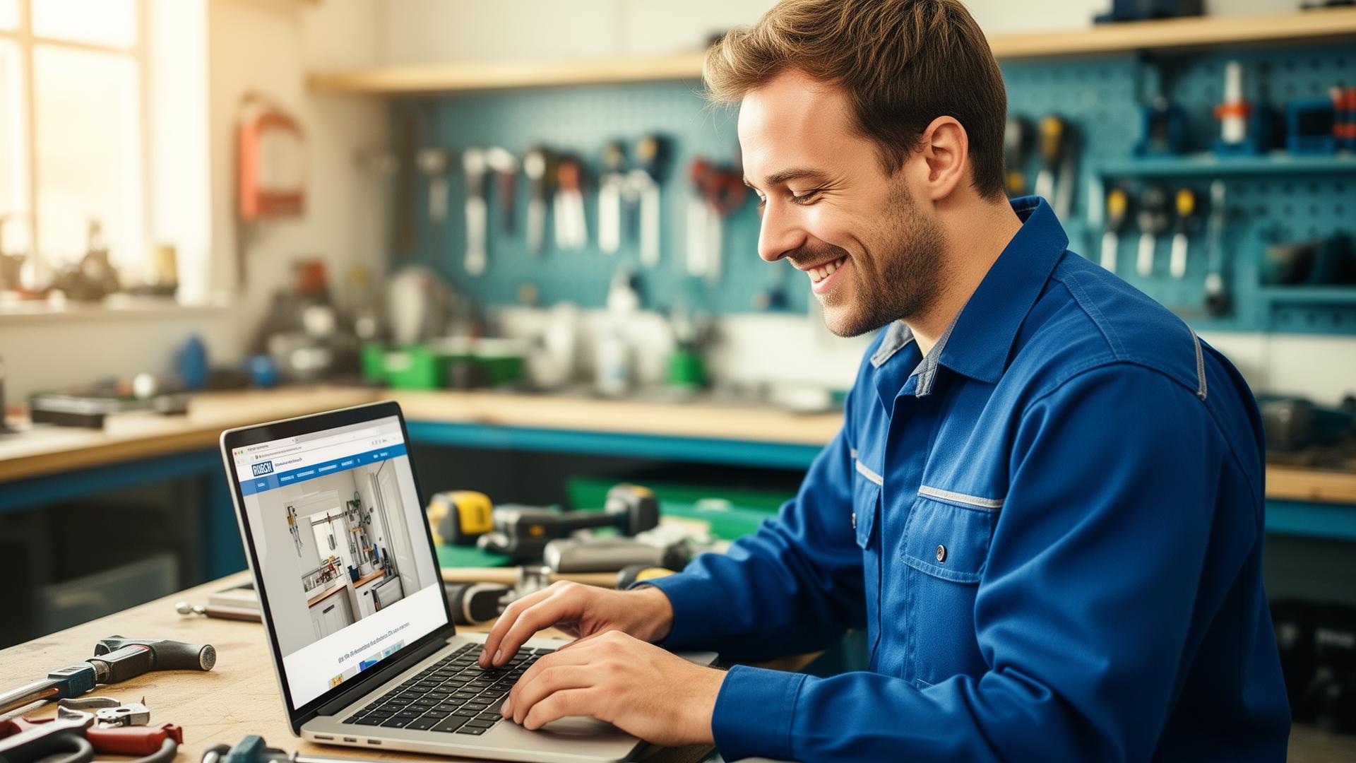 Tradesperson smiling at a laptop showing their new website